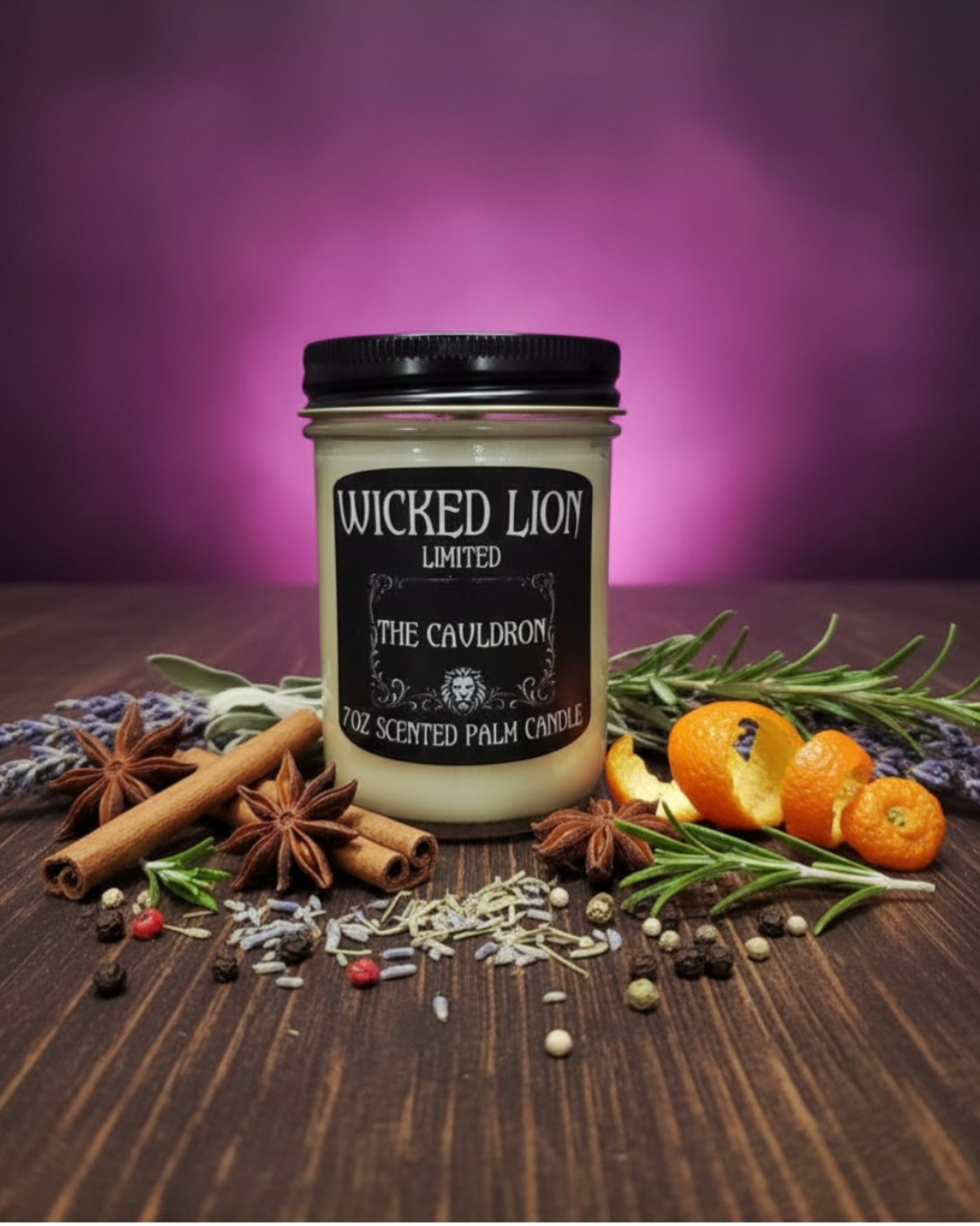 Wicked Lion candle with spices and herbs on a wooden surface against a purple background