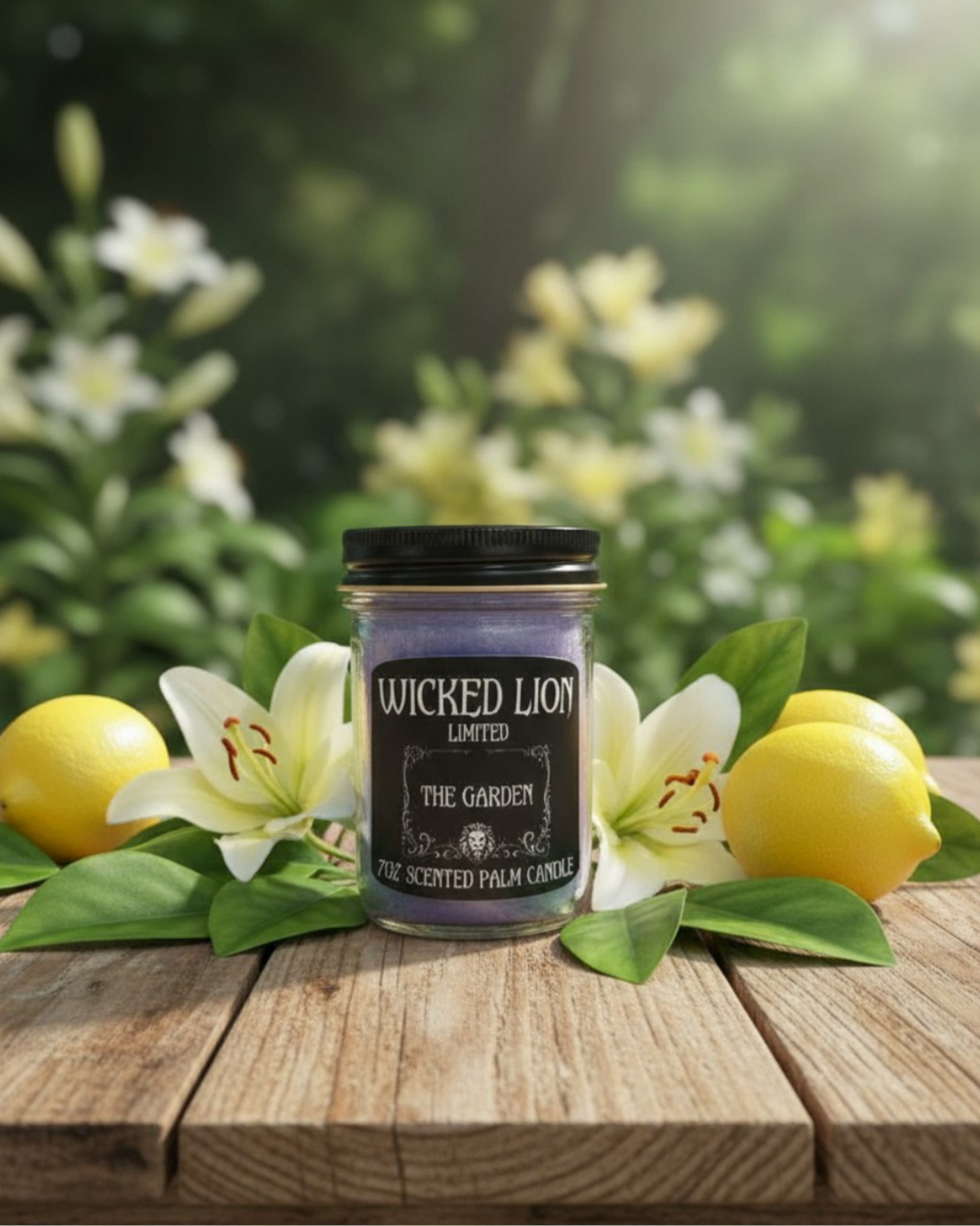 Wicked Lion candle on a wooden surface with lemons and flowers in the background
