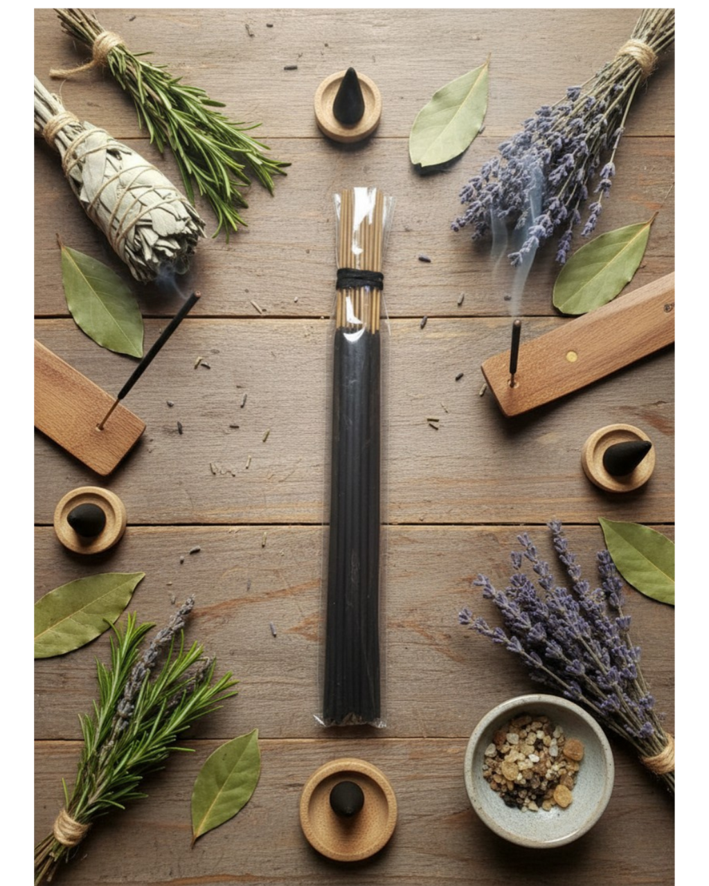 Incense sticks with lavender, rosemary, and other herbs on a wooden surface