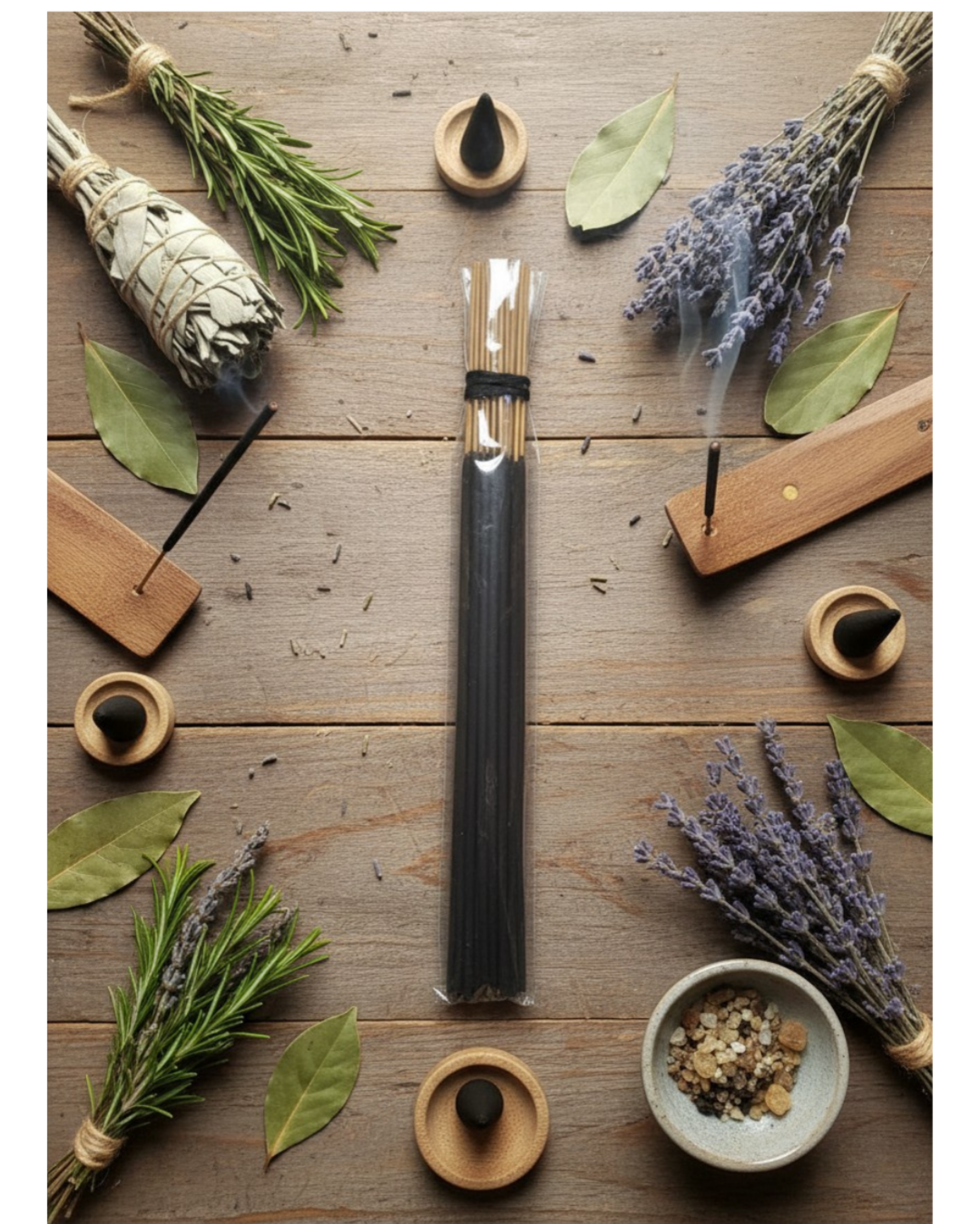 Incense sticks with lavender, rosemary, and other herbs on a wooden surface